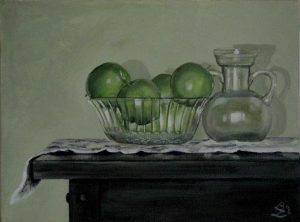 Painting of apples in a glass bowl by Bev Lavender